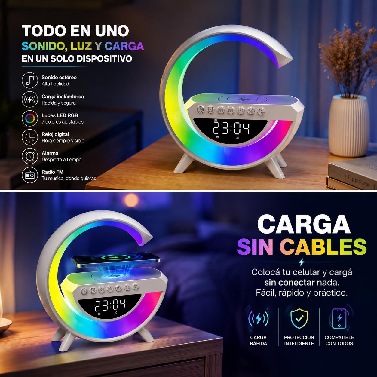 ✨ Reloj Inteligente RGB 6 en 1 con Parlante Bluetooth y Cargador Inalámbrico