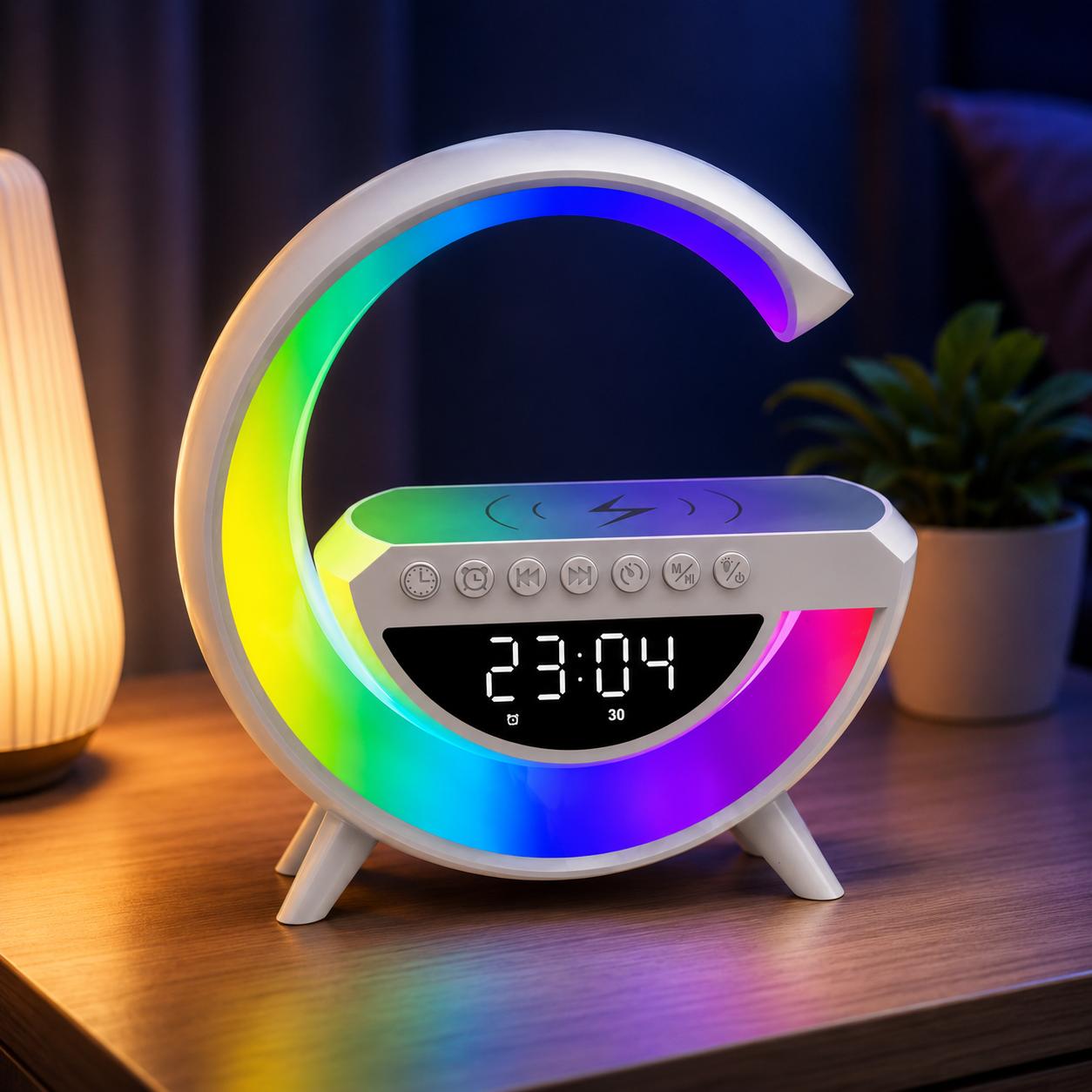✨ Reloj Inteligente RGB 6 en 1 con Parlante Bluetooth y Cargador Inalámbrico
